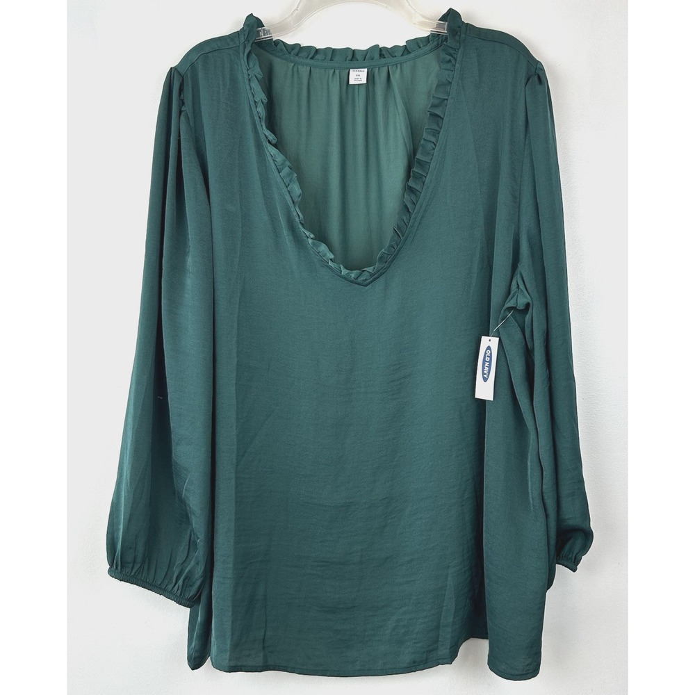 Old Navy Blouse Womens XXL Green Solid Ruffle Long Sleeve 2XL Flowy Deep V Soft